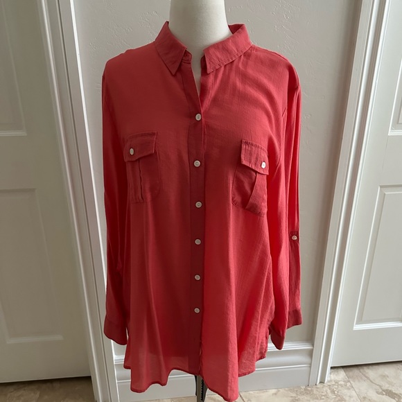 Chicos two-pocket button-down shirt sherbet orange Size 3 - Picture 1 of 7